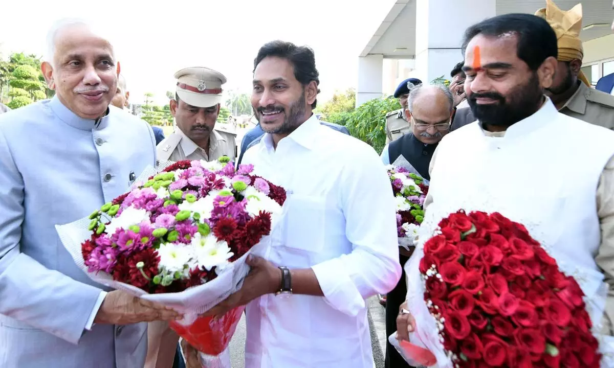 Chief Minister YS Jagan Mohan Reddy welcoming Governor S Abdul Nazeer ahead of the Budget session, in Vijayawada on Monday