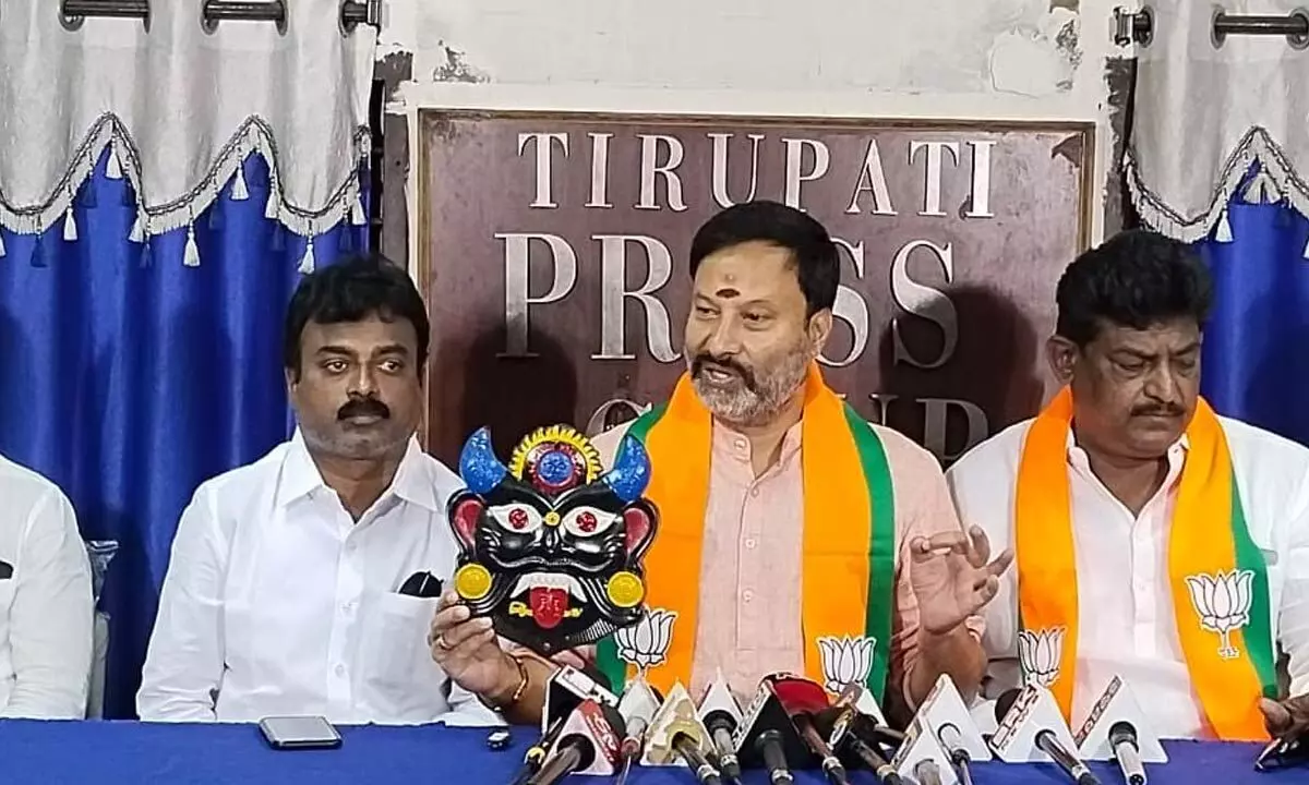 BJP state spokesperson G Bhanu Prakash Reddy speaking to media in Tirupati on Tuesday.  Party state general secretary S Muni Subramanyam is also seen.