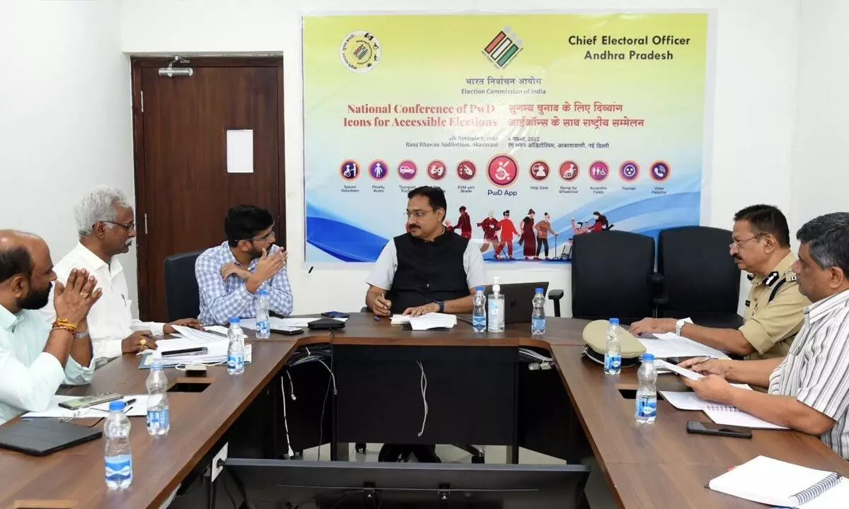 Chief electoral officer Mukesh Kumar Meena addressing the officials of various enforcement agencies in preparation to the elections at the Secretariat on Tuesday