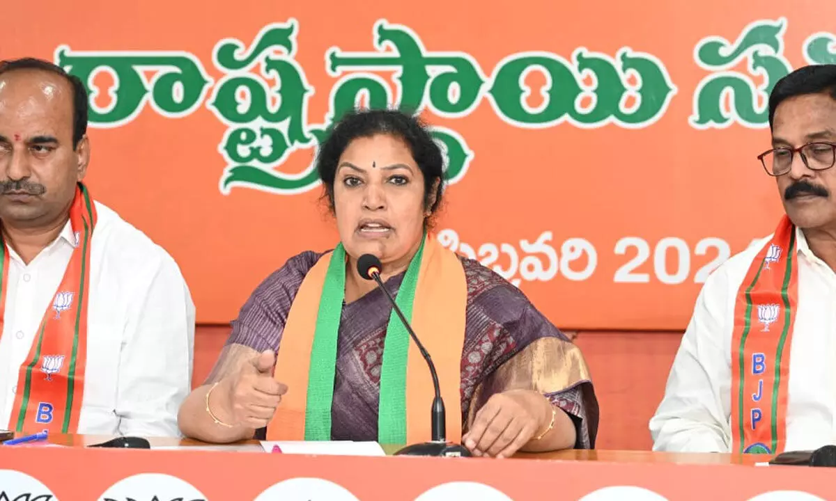 BJP state president Daggubati Purandeswari addressing the party legal cell members at the state party office on Tuesday