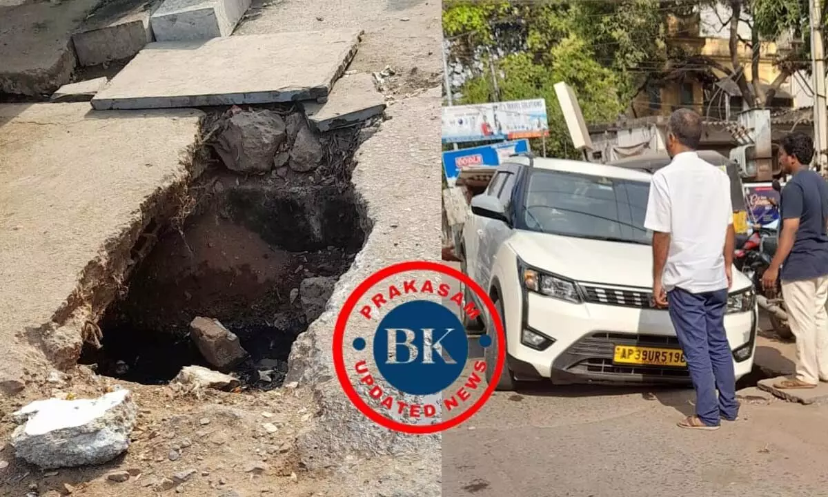 Denizens face problems due to sinking of road at Santapet in Prakasam