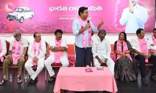 BRS working president KT Rama Rao addressing the party corporators at Telangana Bhavan in Hyderabad on Saturday