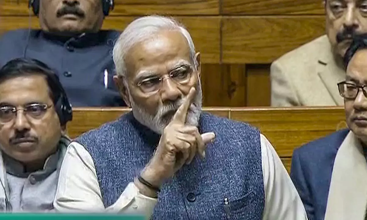 Prime Minister Narendra Modi speaks in the Lok Sabha during the Budget session of Parliament, in New Delhi on Saturday