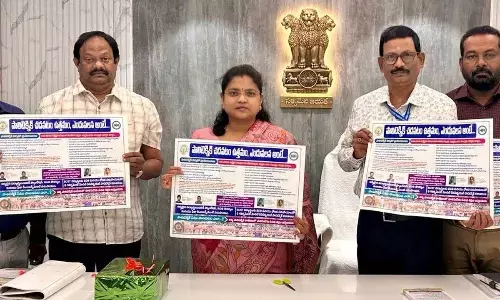 State Technical Education Commissioner Chadalavada Nagarani along with State Technical  Education Training Board secretary Ramana Babu,  Controller of Examinations Janaki Ramaiah and others releasing the wall poster promoting polytechnic courses in Vijayawada on Monday