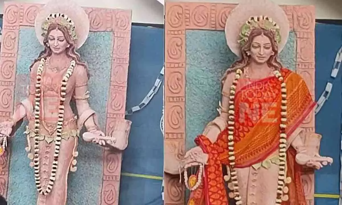 ABVP And Bajrang Dal Supporters Allegedly Force Saree Draping On Saraswati Idol In Tripura College