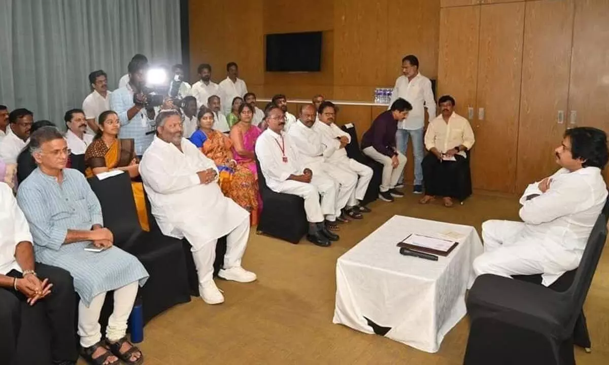 JSP chief K Pawan Kalyan interacting with the party cadre in Visakhapatnam on Monday