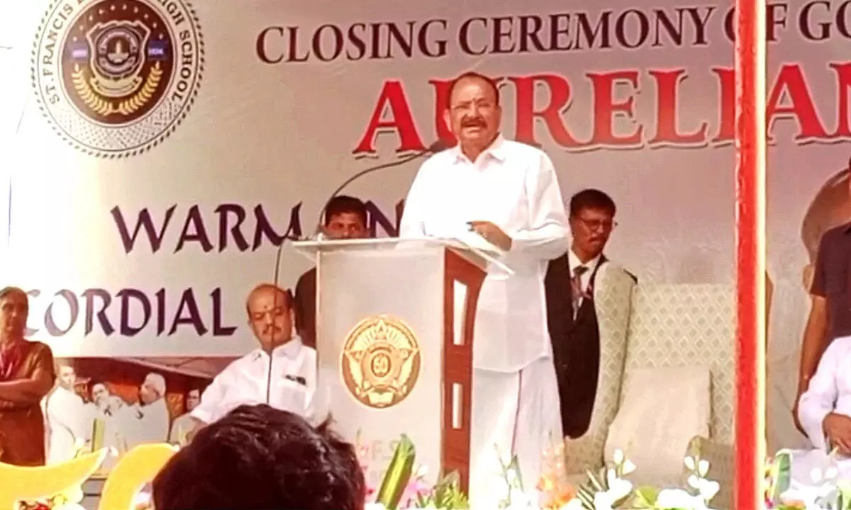Former Vice President M Venkaiah Naidu addressing a gathering during the valedictory of golden jubilee celebrations held at SFS School in Visakhapatnam on Monday