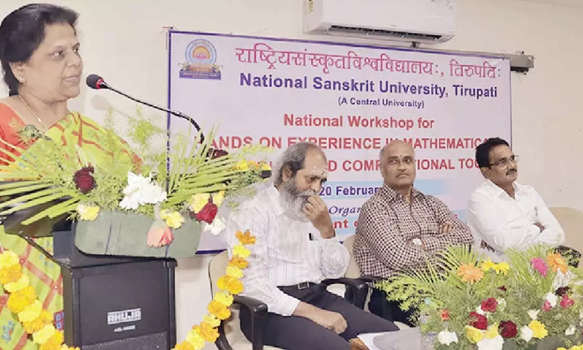 NSU in-charge Registrar Prof RJ Ramasree speaking at the inaugural session of national workshop on Monday. TTD educational officer Dr M Bhaskar Reddy, Prof PVSN Murthy and others are also seen.