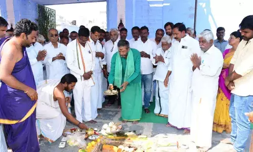Bhumi Pooja held for three-storied Raja Gopuram at the Shri Chennakesava Anjaneya Swamy Devasthanam