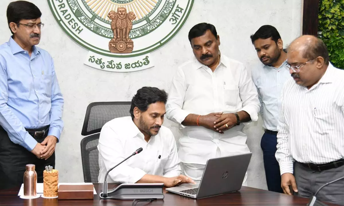 Chief Minister Y S Jagan Mohan Reddy crediting money under YSR Kalyanamasthu, Shadi Tohfa at his camp office in Tadepalli on Tuesday