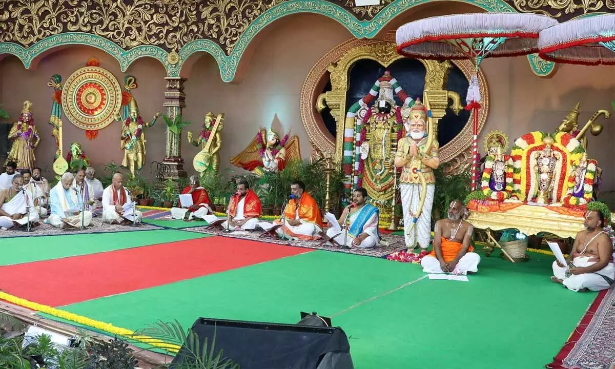 Sanskrit scholars rendering Vishnu Sahasra Nama Stotra Parayanam on the occasion of Bhishma Ekadasi at Tirumala on Tuesday
