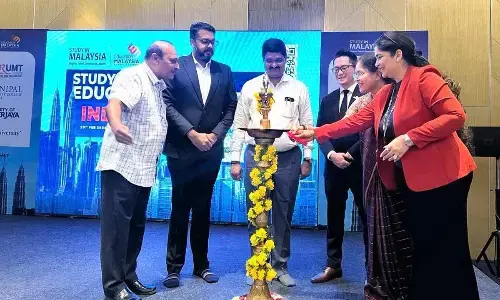 Prof K Hemachandra Reddy and Usha Rajyalakshmi inaugurating the Malaysia Education Fsair in Vijayawada on Tuesday