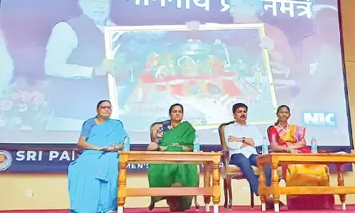 Tirupati MP Dr M Gurumoorthy, SPMVV Vice-Chancellor Prof D Bharathi, Registrar Prof N Rajani and Prof J Katyayani taking part in the PM’s video conference on Tuesday