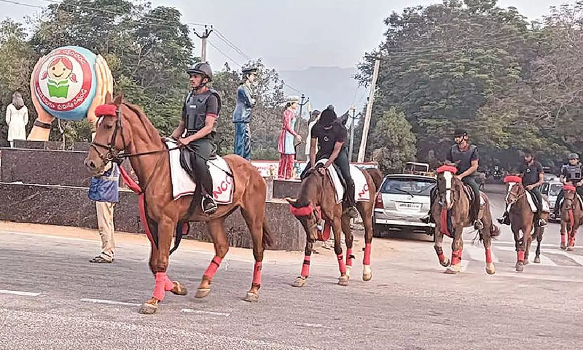 NCC cadets making an adventure ride on horses from Tirupati on Sunday