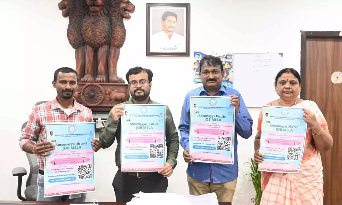 Joint Collector Farman Ahmed Khan, DRDA PD Satyanarayana, ICDS PD Shashikala and APSSDC District Officer Harikrishna releasing posters of mega job mela in Rayachoti on Monday