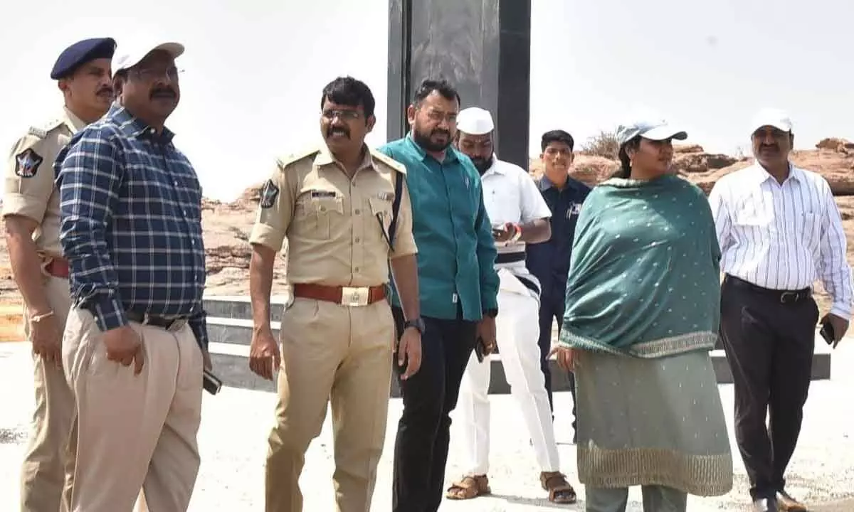 Joint Collector Narapureddy Mourya, SP G Krishnakanth and Municipal Commissioner A Bhargava Teja inspecting arrangements for the CM’s visit, at Jagannatha Gattu village on Thursday