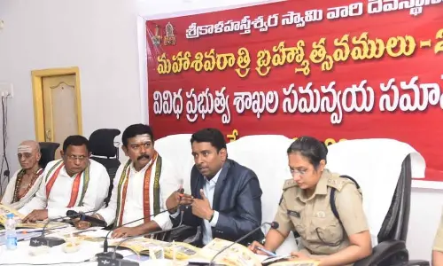 District Collector Dr G Lakshmisha addressing a coordination meeting on the arrangements for Maha Shivaratri Brahmotsavams in Srikalahasti on Thursday. SP Malika Garg, Devasthanam  chairman A Taraka Srinivasulu and EO SV Nageswara Rao are also seen.