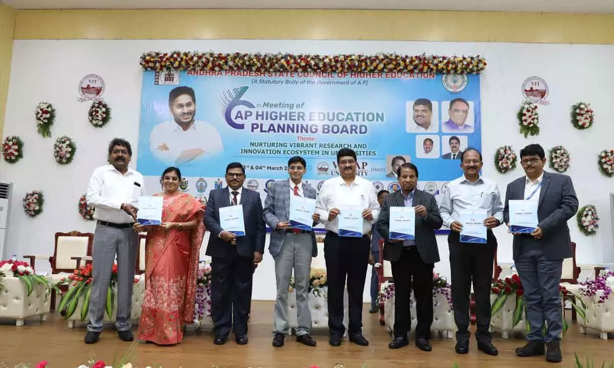 Dr G Viswanathan, Founder and Chancellor of VIT-AP University releasing annual report-2022-23 of AP State Council of Higher Education (APSCHE) at VIT-AP University in Guntur district on Sunday