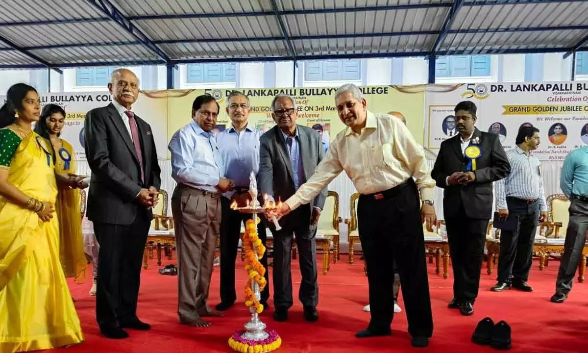 Guests, Secretary and Correspondent of the college Dr G Madhu Kumar, among others, at the inaugural of the golden jubilee celebration of Dr Lankapalli Bullayya College in Visakhapatnam on Sunday