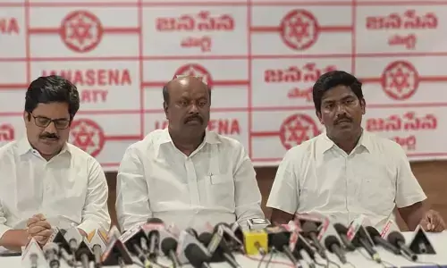 Jana Sena Party Visakhapatnam rural president Panchkarla Ramesh Babu (centre) addressing the media in Visakhapatnam on Monday