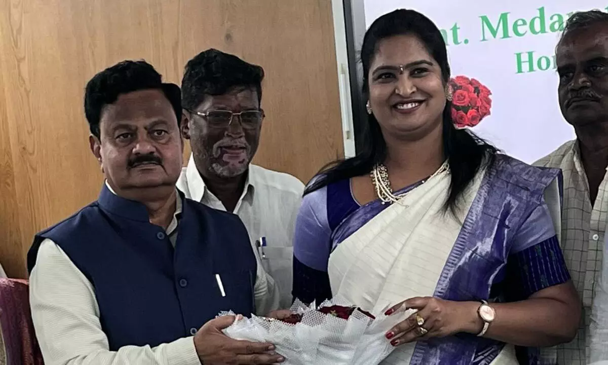 Chairperson of AP Housing Corporation Medapati Sharmila Reddy and MD K Venkata Ramana Reddy at the 36th board meeting of the corporation in Vijayawada on Monday