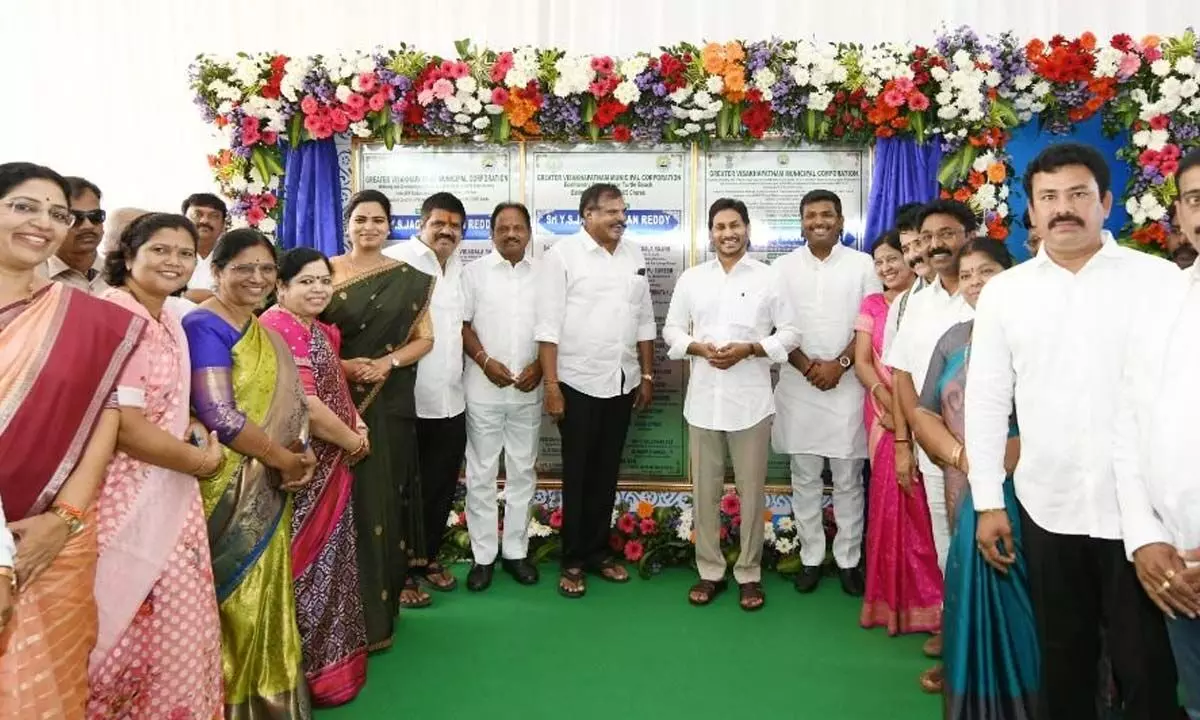 Chief Minister Y S Jagan Mohan Reddy and ministers unveiling a plaque for development works in Visakhapatnam on Tuesday
