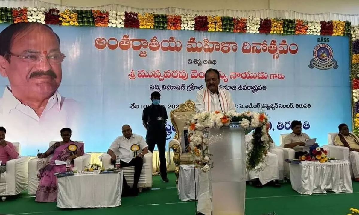 Former Vice-President M Venkaiah Naidu speaking at a meeting in Tirupati on Tuesday