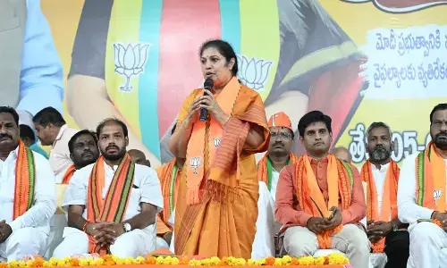 BJP state president D Purandeswari addressing a meeting held at Sri Venkateswara Vignana Mandiram in Guntur city on Tuesday