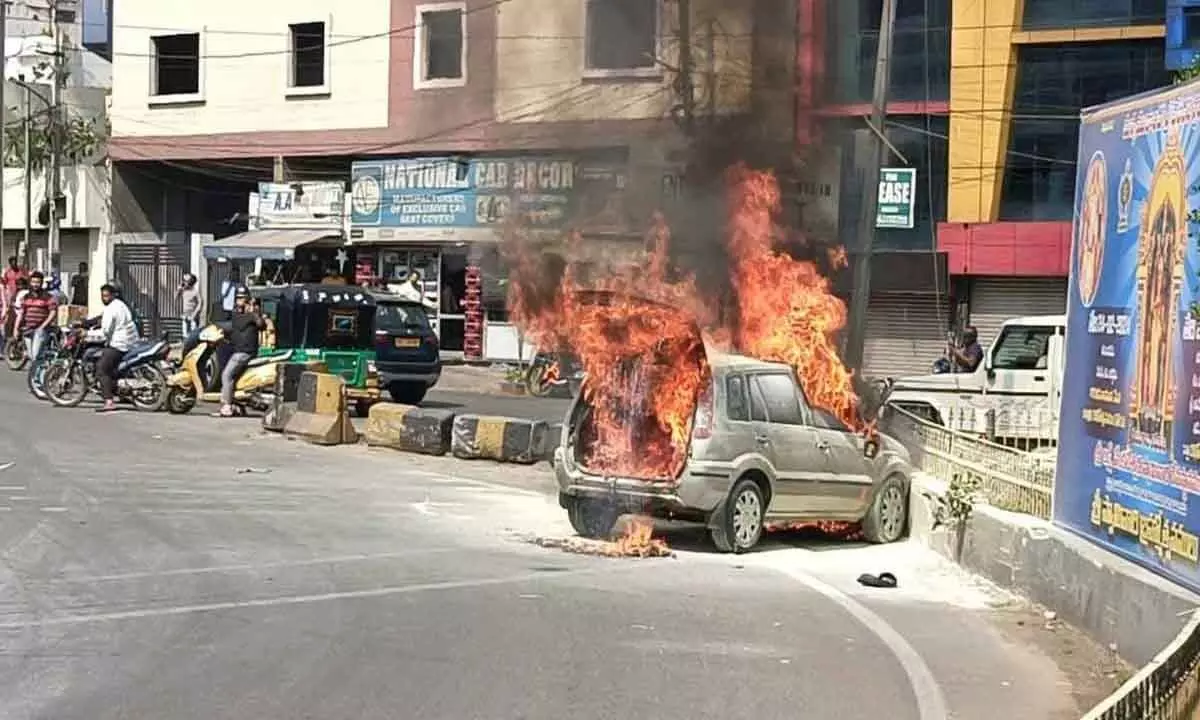 Moving car catches fire in Saifabad