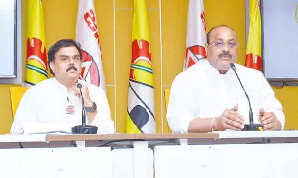 TDP state president K Atchannaidu and Jana Sena Party political affairs committee chairman Nadendla Manohar addressing the media at TDP state office in Mangalagiri on Thursday