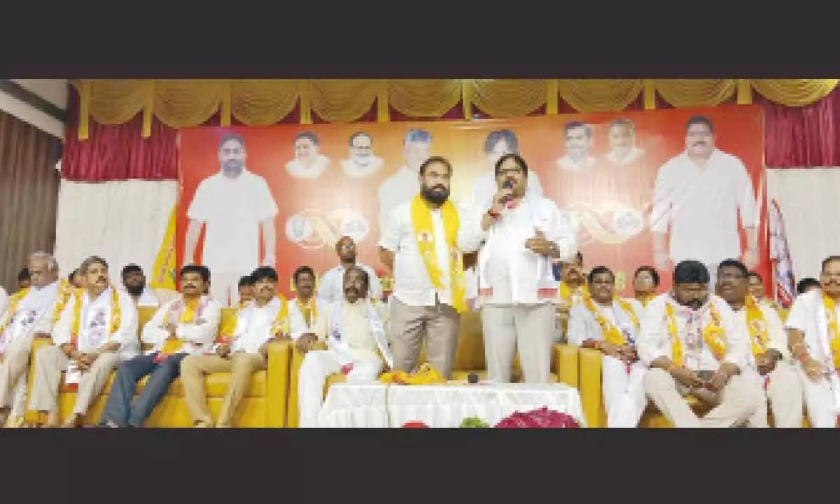 TDP State vice-president Damacharla Janardhana Rao and JSP Ongole in-charge Shaik Reyaz speaking at a meeting in Ongole on Sunday