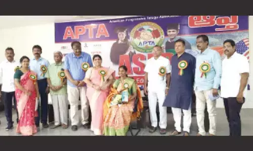 SPMVV Vice-Chancellor Prof D Bharathi being felicitated at scholarship distribution programme on Sunday. Dr Narayanamma,  Dr P Hariprasad and others are also seen.