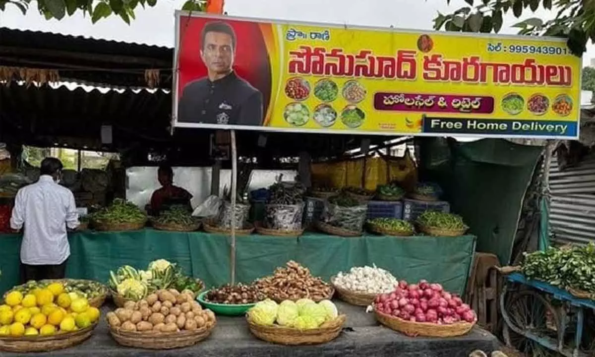 Woman puts up vegetable stall in name of Sonu Sood in Market at Khammam