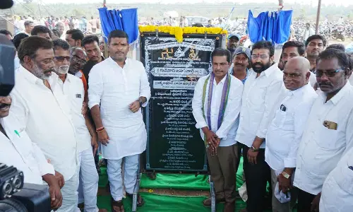 IT Minister Amarnath performing bhumi puja for the industrial park at Kalavacharla on Tuesday. Rajanagaram MLA Jakkampudi Raja and Rajahmundry MP candidate Dr Guduri Srinivas are also seen
