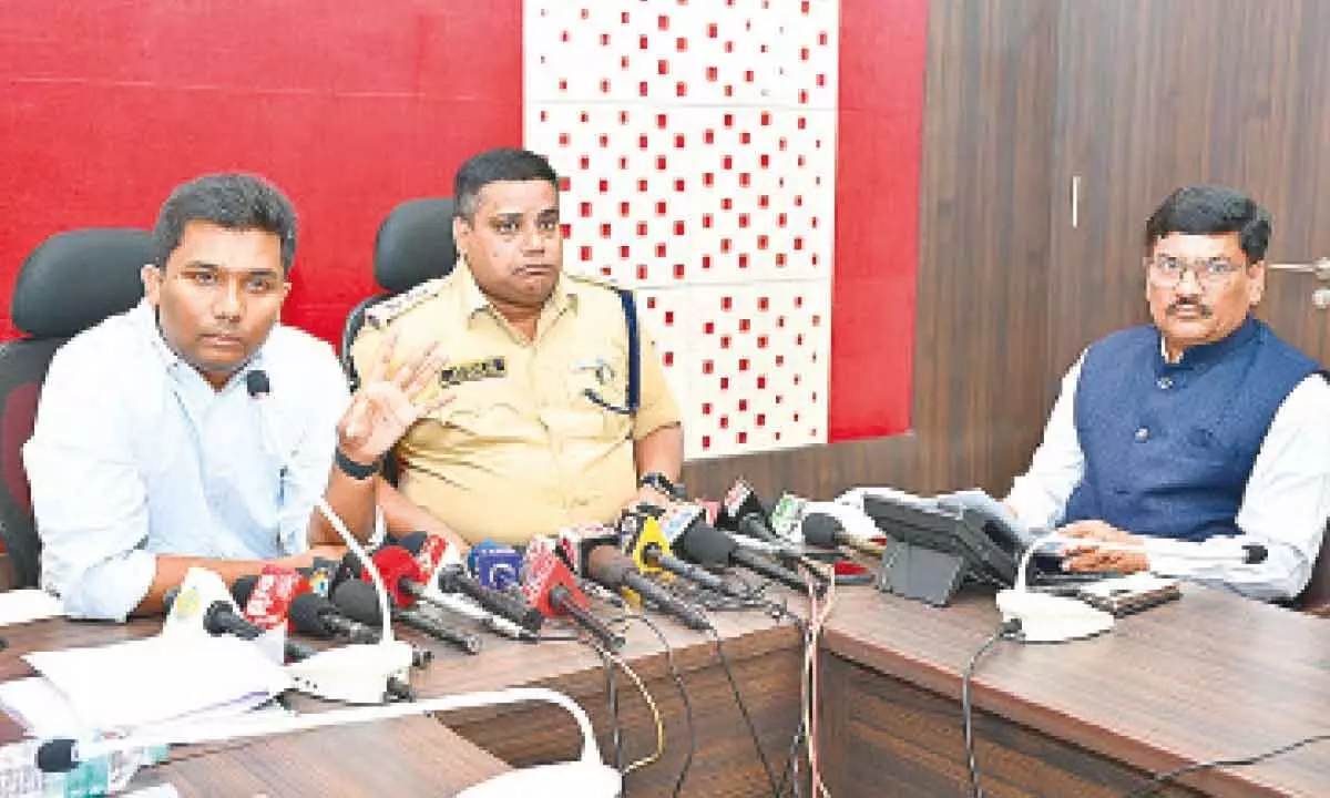District Collector S Shan Mohan addressing the media in Chittoor on Sunday. SP Joshua and Joint Collector P Srinivasulu are also seen.