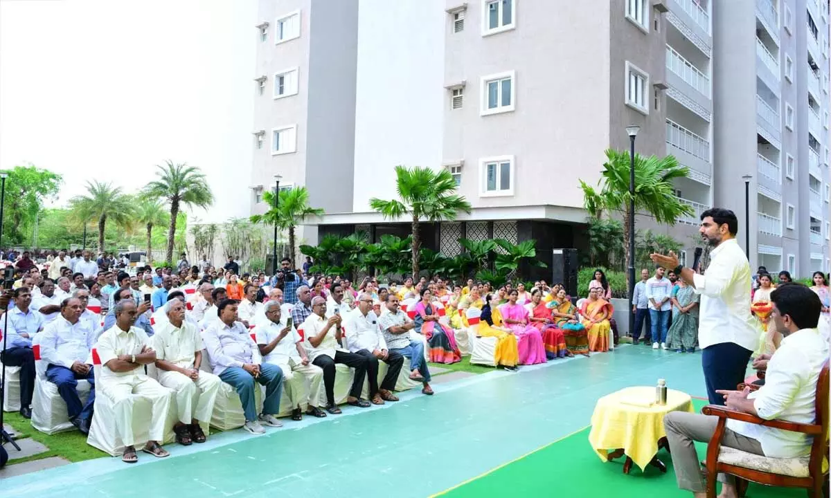 TDP national general secretary speaks at Breakfast with Lokesh programme at an apartment complex in Mangalagiri on Monday