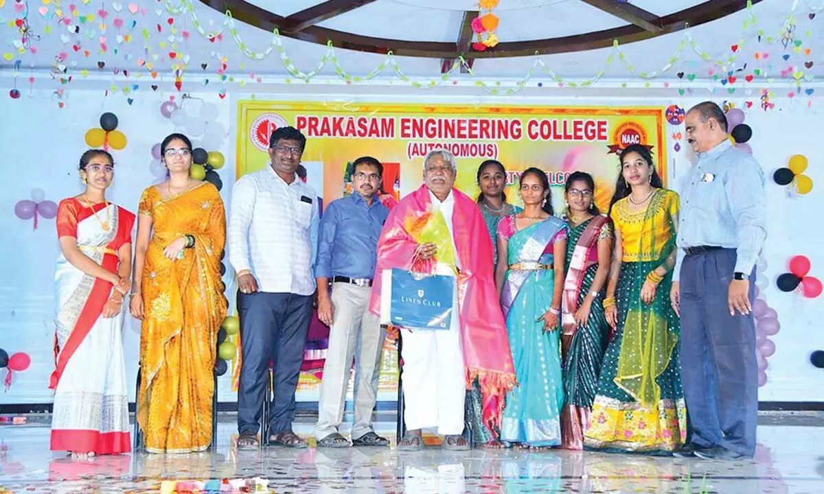 Correspondent of Prakasam Engineering College Kancharla Ramaiah being felicitated on the college premises on Monday