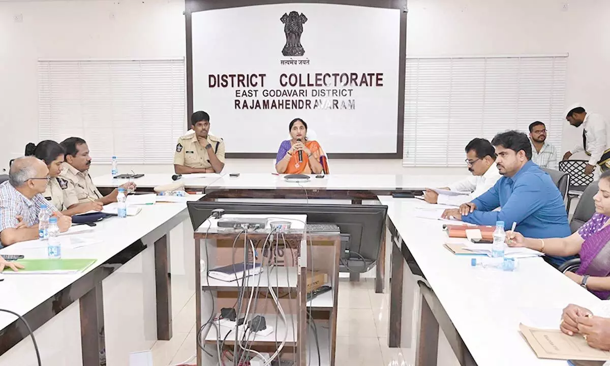 East Godavari District Collector Dr K Madhavi Latha holding a review meeting with officials on ECI guidelines in Rajamahendravaram on Monday