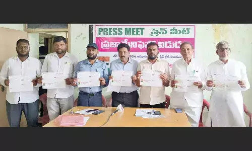 State convener of United Forum for Democracy Muhammad Zahid and others releasing public manifesto in Vijayawada on Sunday