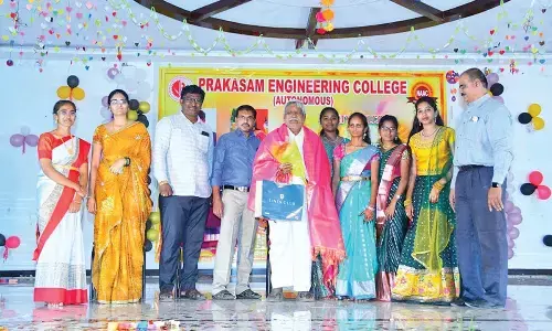 Correspondent of Prakasam Engineering College Kancharla Ramaiah being felicitated on the college premises on Monday