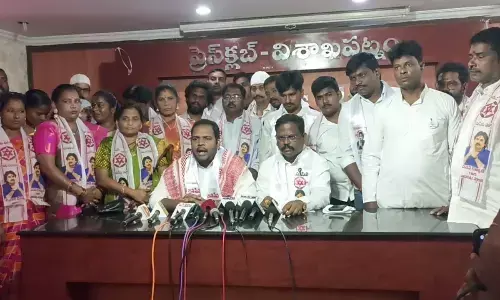 GVMC corporator and JSP leader Mohammed Sadiq addressing the media in Visakhapatnam on Monday
