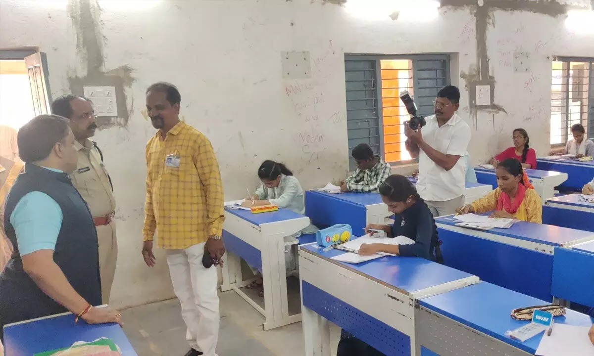District Collector Dr K Srinivasulu and SP K Raghuveer Reddy inspecting a SSC examination centre in Nandyal on Monday