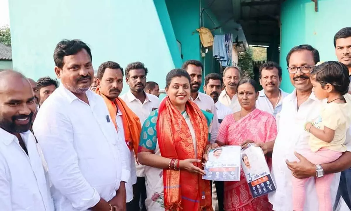 Nagari MLA and minister R K Roja in a door-to-door campaign in the constituency (file photo)