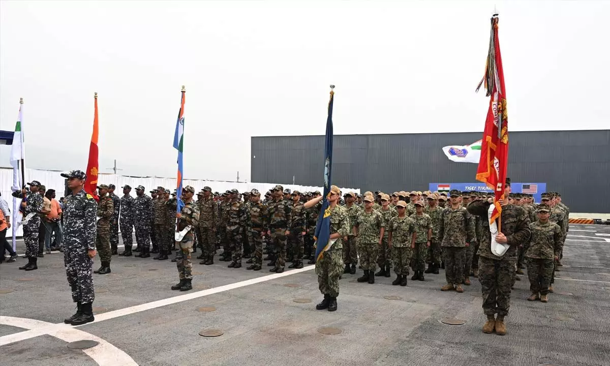 Personnel from both the navies taking part in Bilateral Tri-Service Humanitarian Assistance and Disaster Relief  HADR) Amphibious Exercise between India and US, ‘Tiger Triumph.’
