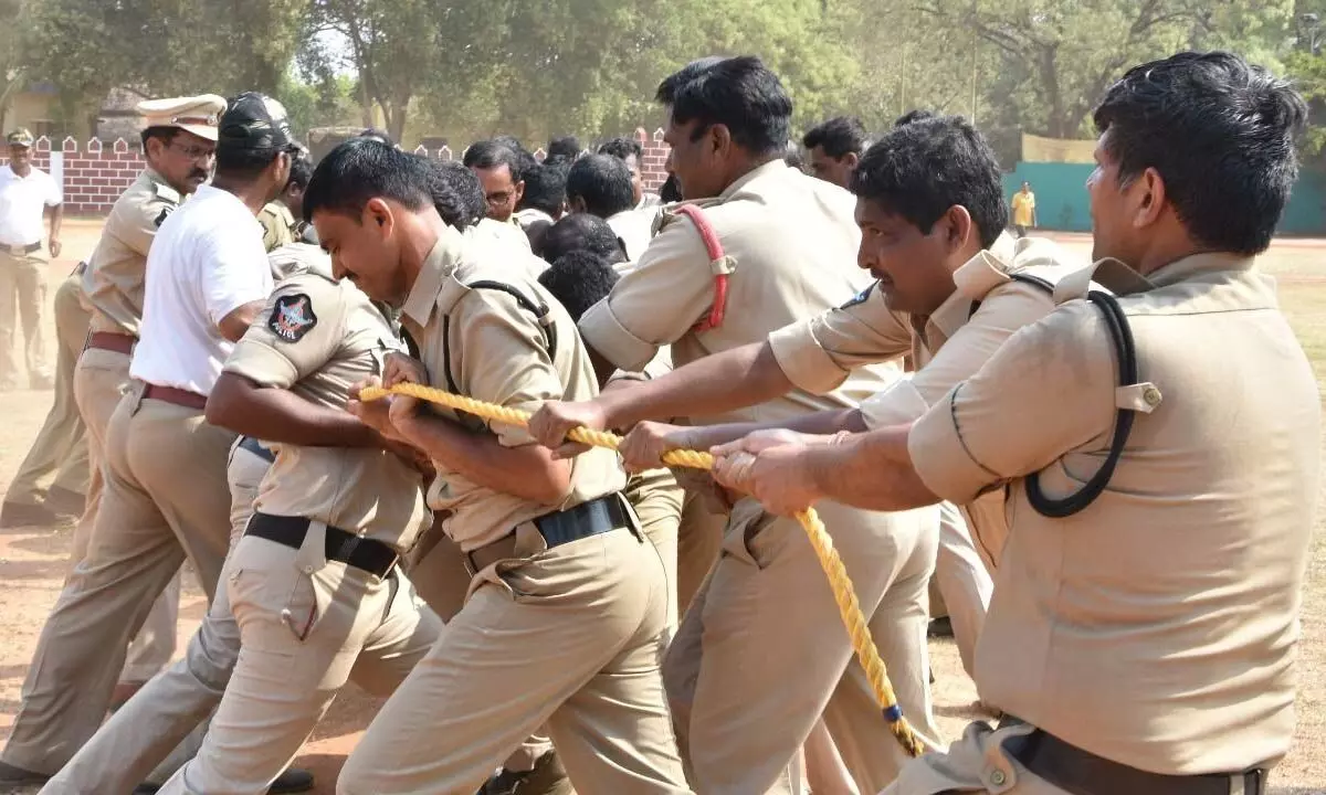 Police staff participating in anti-riot drill training programme at the Police Grounds in Kadapa on Tuesday
