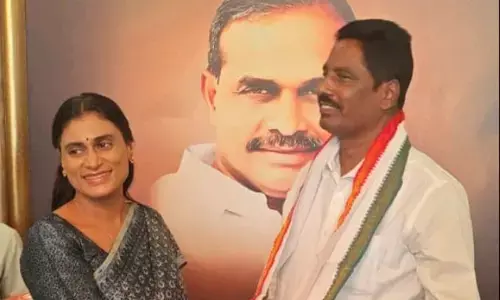 APCC president Y S Sharmila welcoming Nandikotkur sitting YSRCP MLA T Arthur into the Congress in Hyderabad on Tuesday