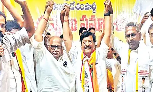 JSP candidate Kandula Durgesh, TDP in-charge Boorugpalli Sesha Raoand others participating in a joint meeting in Nidadavolu