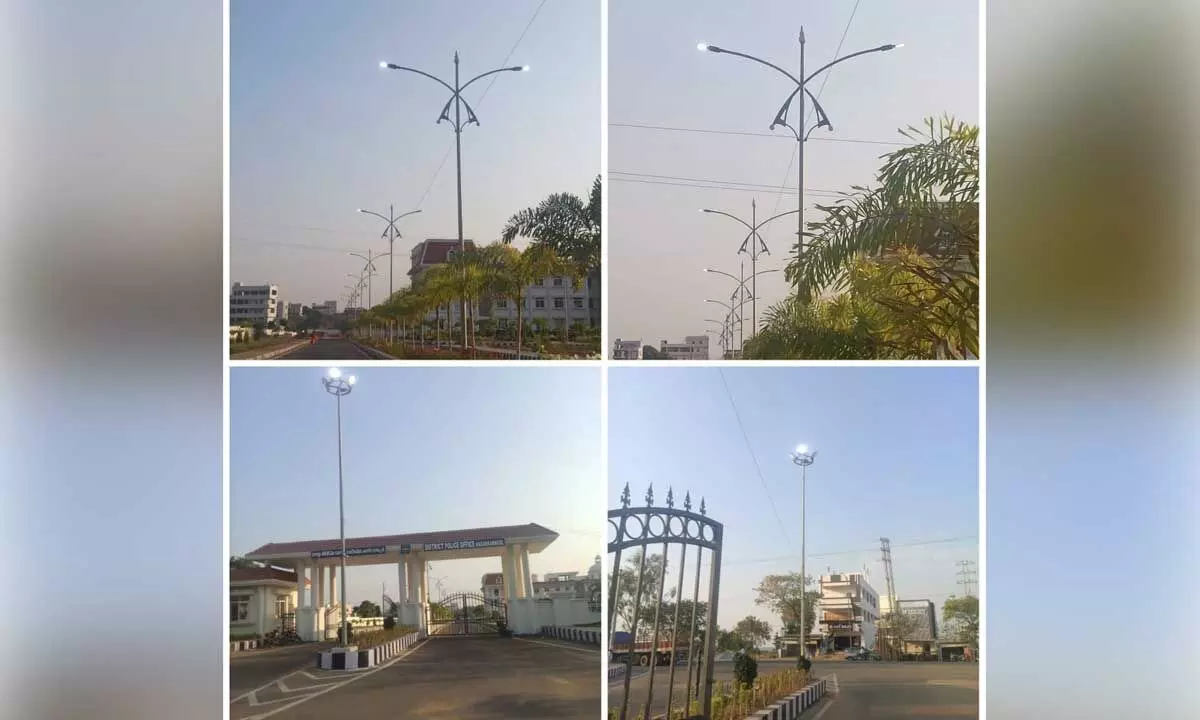 Street lights at the district police office in broad daylight