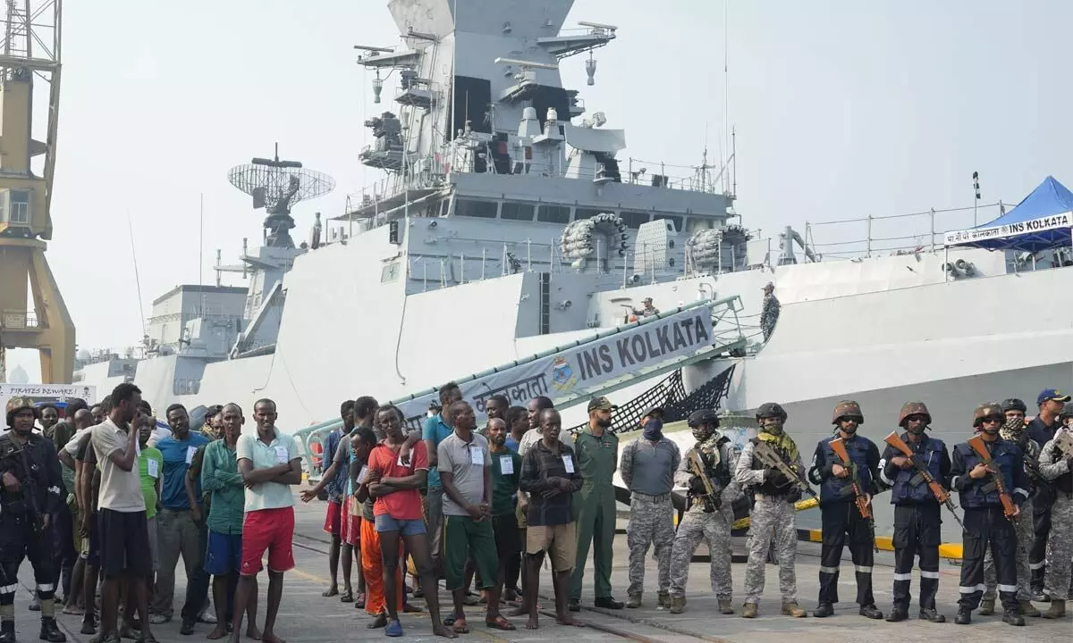 Pirates, apprehended in an operation off the coast of Somalia by the Indian Navy, upon their arrival in Mumbai on Saturday