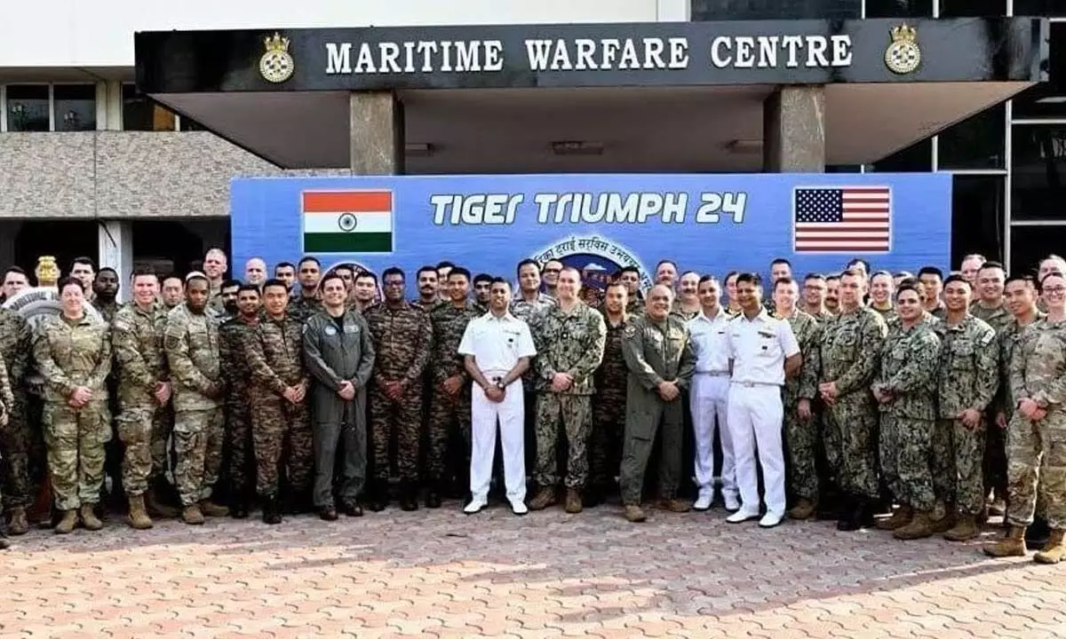 Personnel from US Navy and Indian Navy taking part in the ‘Tiger Triumph 2024’